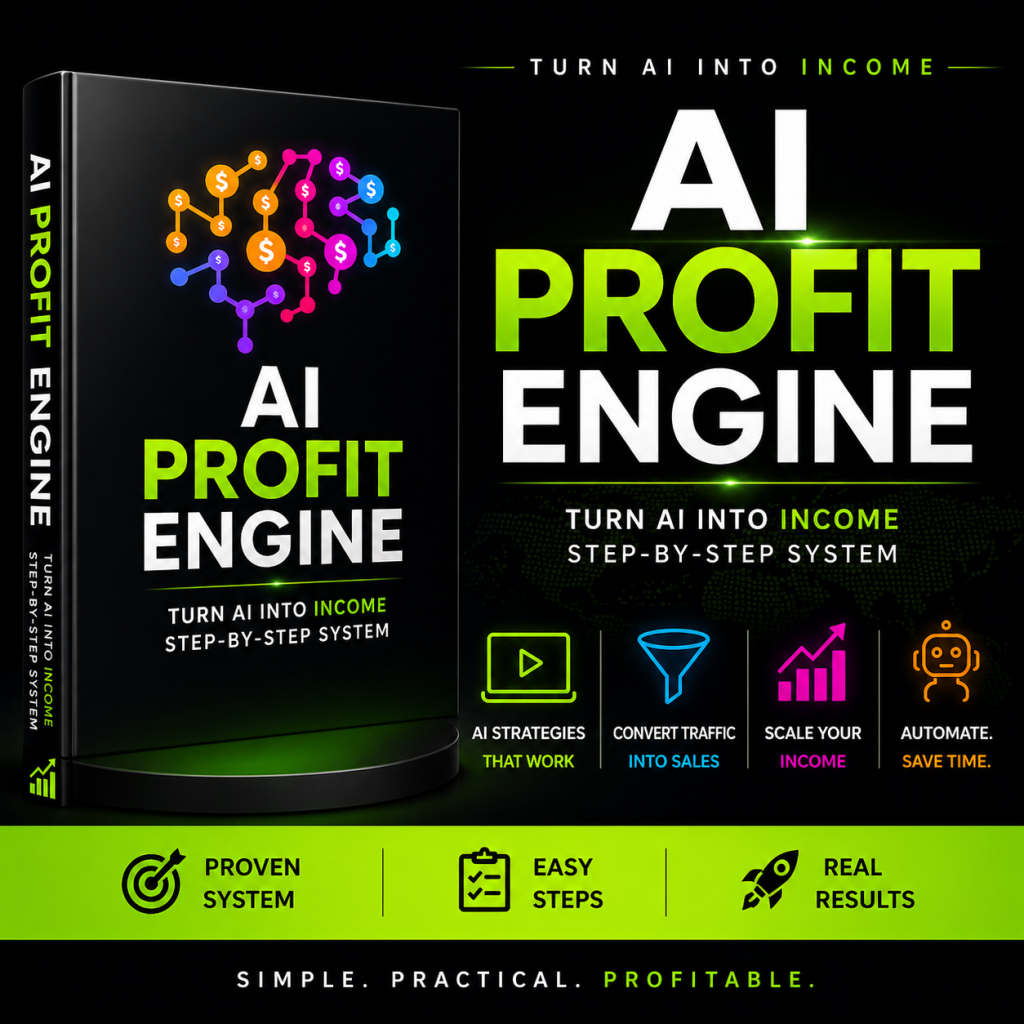 Promotional graphic for a digital ebook titled “AI Profit Engine” on a black background with neon green highlights. The image shows a 3D ebook mockup on the left featuring a colorful AI brain icon made of connected nodes and dollar signs. Large bold text on the right reads “AI PROFIT ENGINE” with the tagline “Turn AI Into Income Step-By-Step System.” Below are four icons with captions: “AI Strategies That Work,” “Convert Traffic Into Sales,” “Scale Your Income,” and “Automate. Save Time.” A green banner at the bottom highlights “Proven System,” “Easy Steps,” and “Real Results,” followed by the phrase “Simple. Practical. Profitable.”